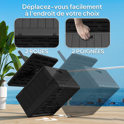 Square Umbrella Stand with Table Tray, HDPE Umbrella Base on Wheels, Water Sand Fillable Umbrella Stand for Terrace Pool Patio Garden 53 x 53 x 45 cm, Black