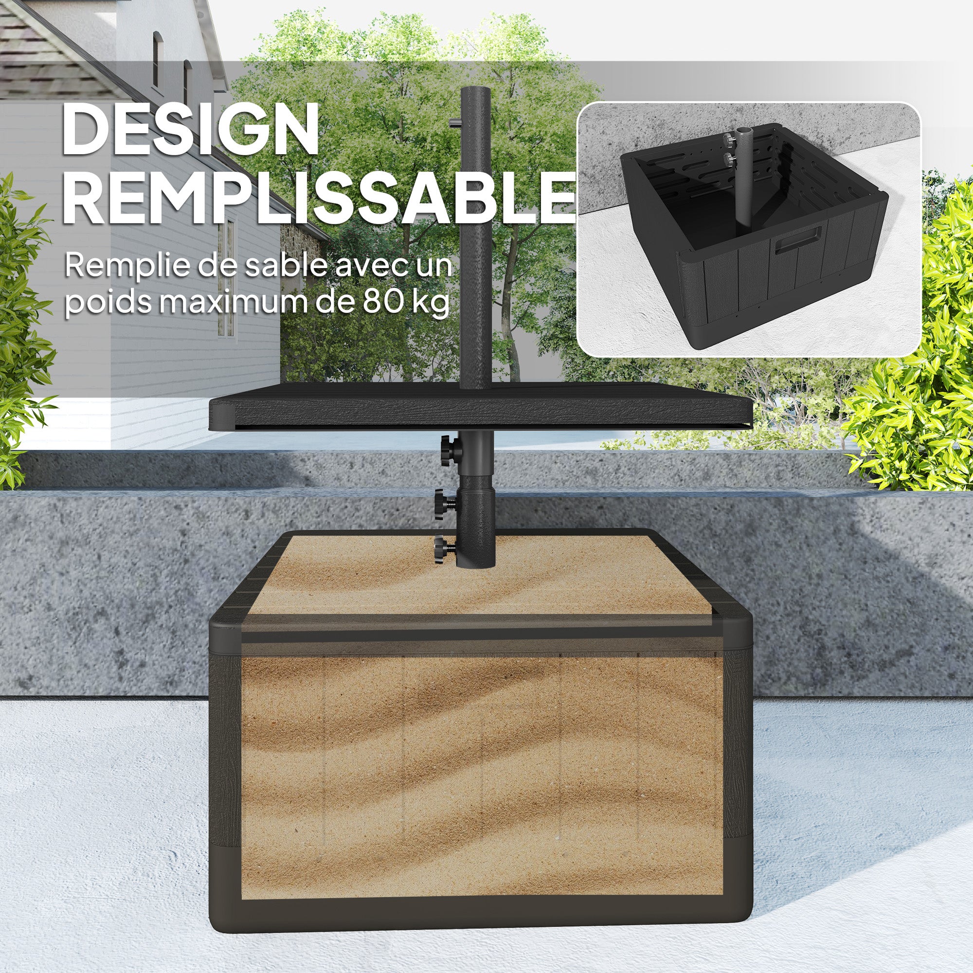 Square Umbrella Stand with Table Tray, HDPE Umbrella Base on Wheels, Water Sand Fillable Umbrella Stand for Terrace Pool Patio Garden 53 x 53 x 45 cm, Black