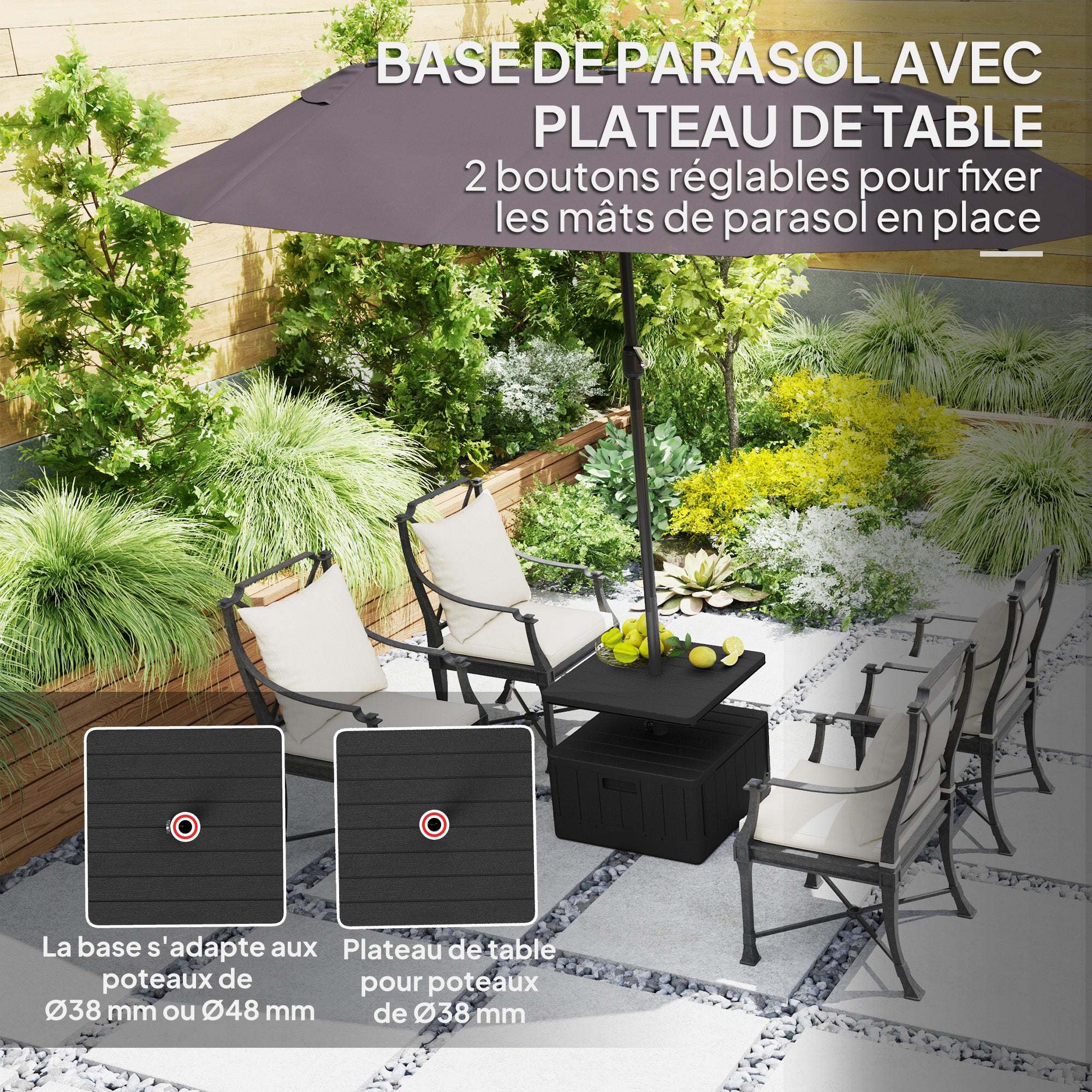 Square Umbrella Stand with Table Tray, HDPE Umbrella Base on Wheels, Water Sand Fillable Umbrella Stand for Terrace Pool Patio Garden 53 x 53 x 45 cm, Black