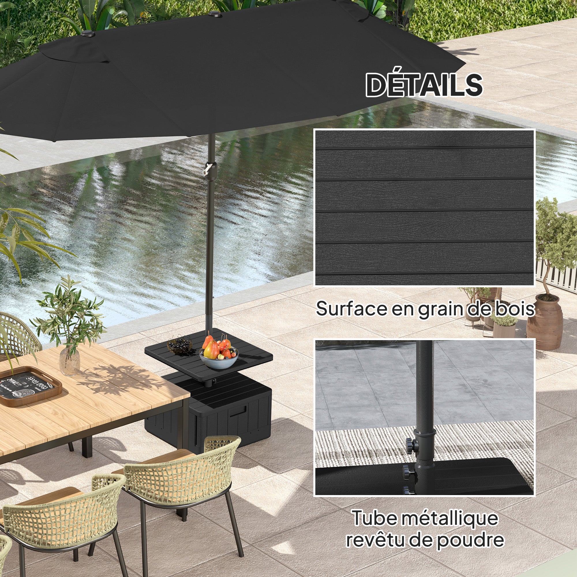 Square Umbrella Stand with Table Tray, HDPE Umbrella Base on Wheels, Water Sand Fillable Umbrella Stand for Terrace Pool Patio Garden 53 x 53 x 45 cm, Black