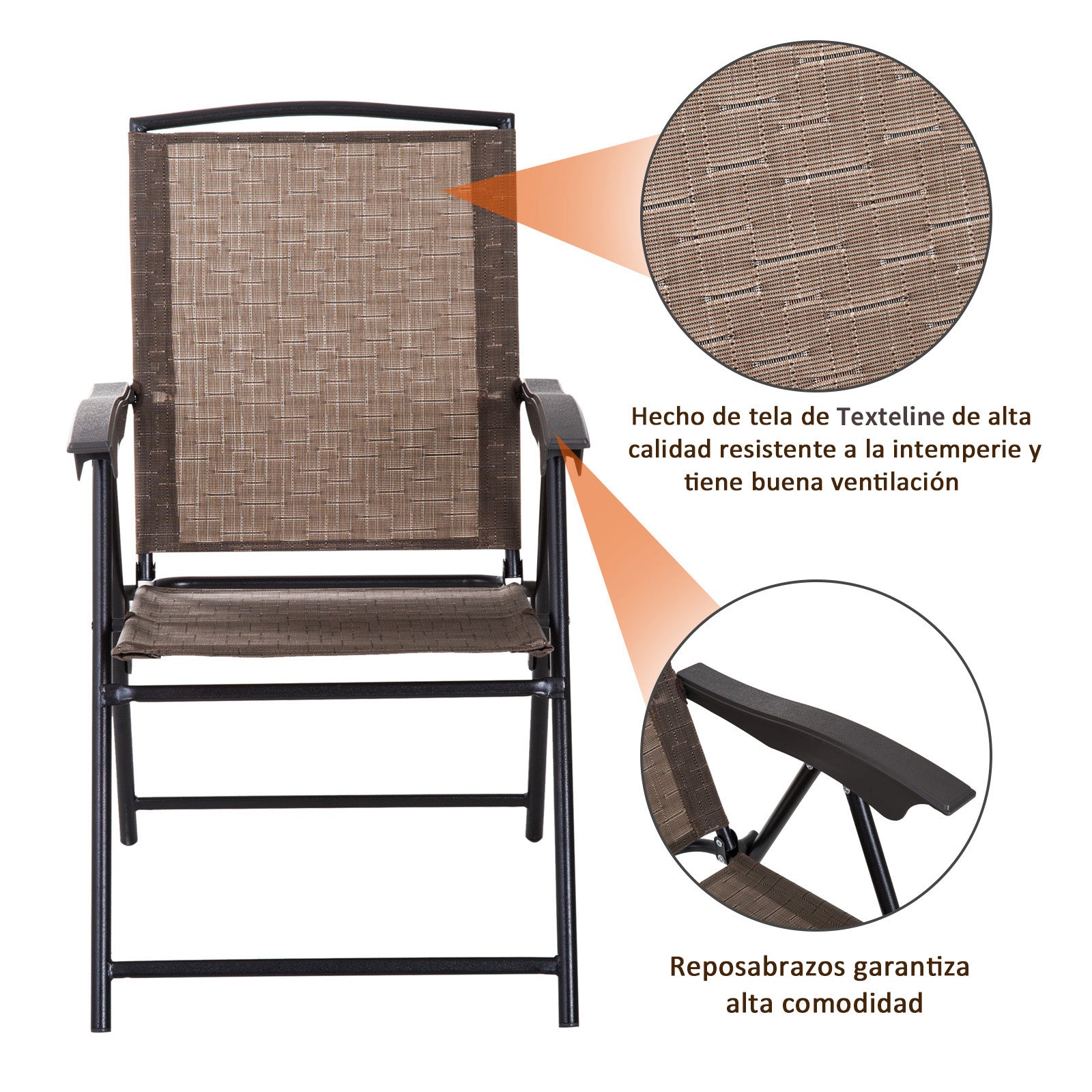 Garden Furniture Set Table and 2 Chairs for Outdoor Patio Terrace Foldable Chair 4-Level Reclining Backrest Texteline Steel Frame Brown