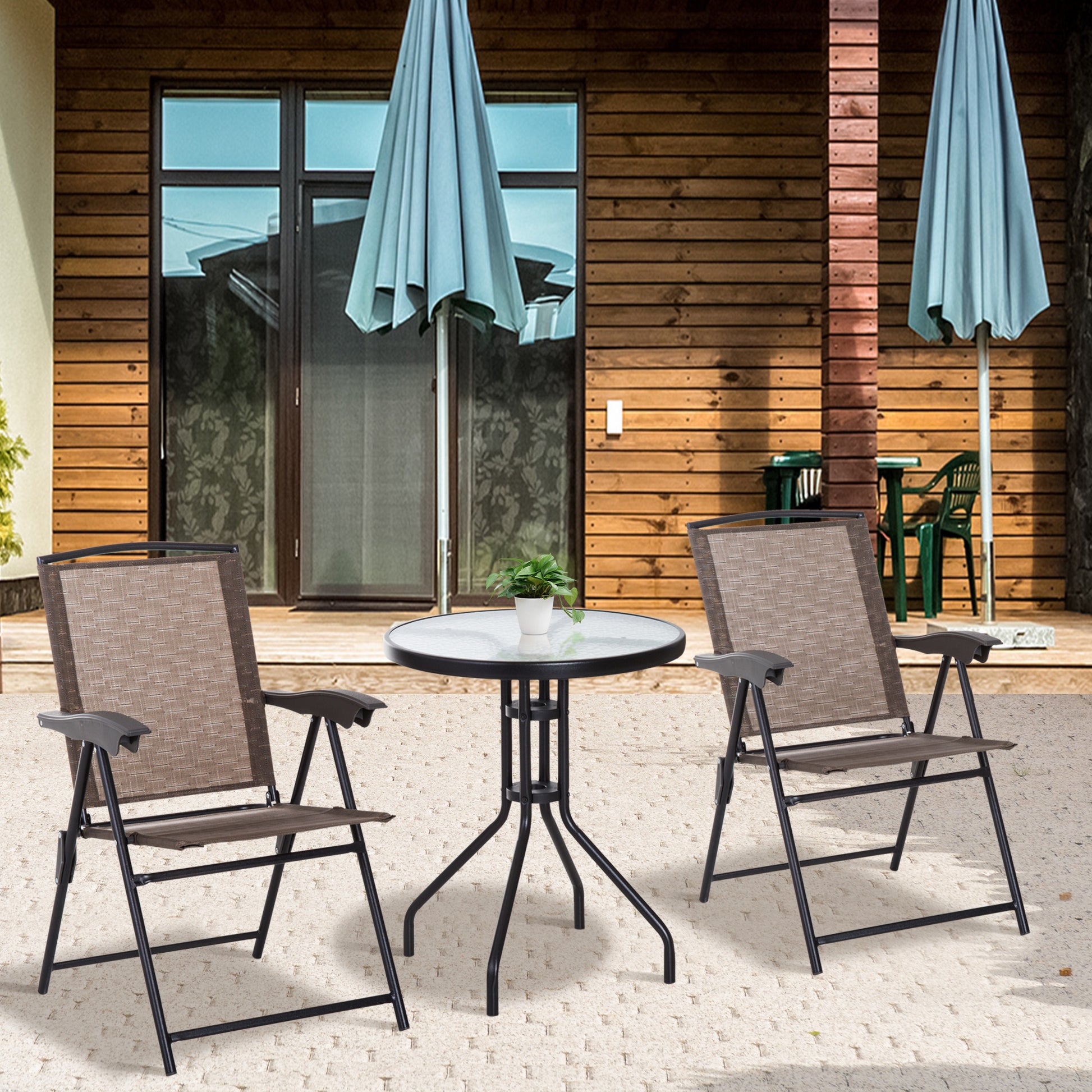 Garden Furniture Set Table and 2 Chairs for Outdoor Patio Terrace Foldable Chair 4-Level Reclining Backrest Texteline Steel Frame Brown