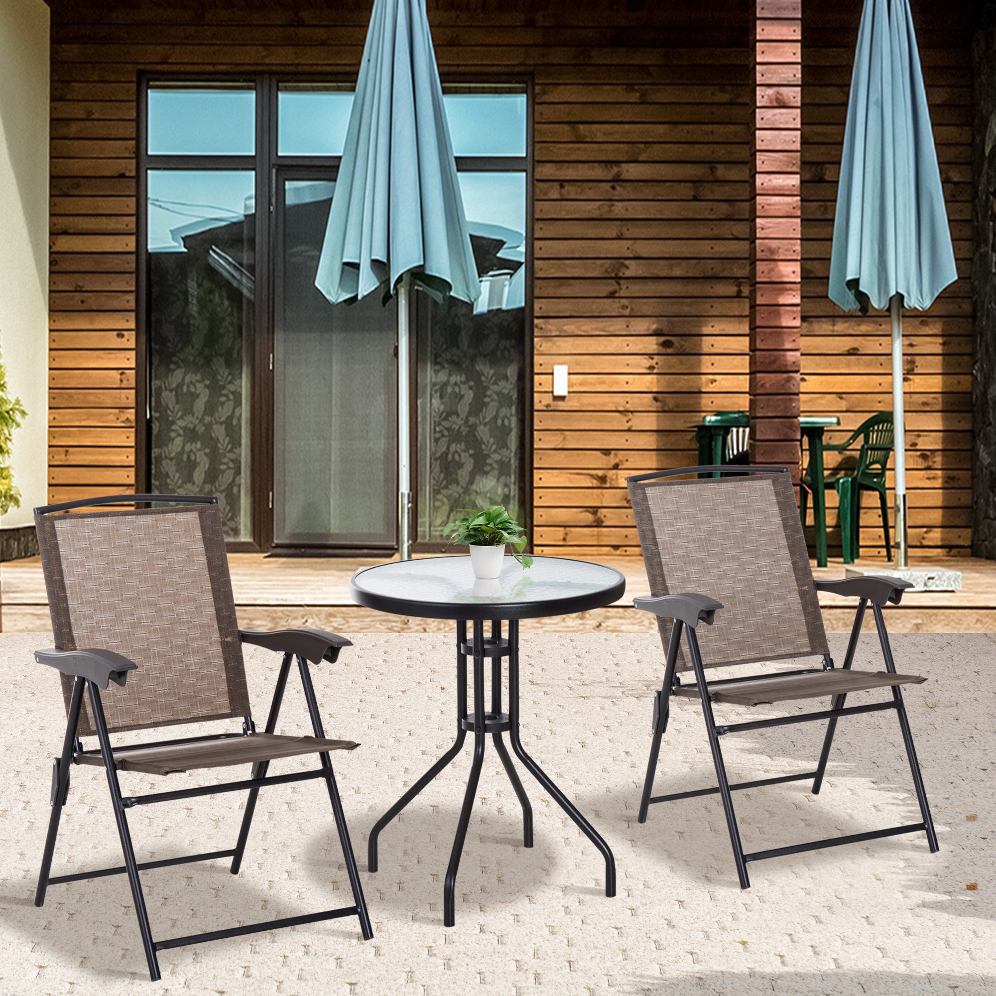 Garden Furniture Set Table and 2 Chairs for Outdoor Patio Terrace Foldable Chair 4-Level Reclining Backrest Texteline Steel Frame Brown