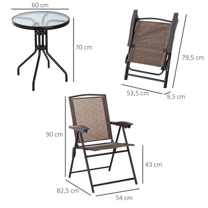 Garden Furniture Set Table and 2 Chairs for Outdoor Patio Terrace Foldable Chair 4-Level Reclining Backrest Texteline Steel Frame Brown