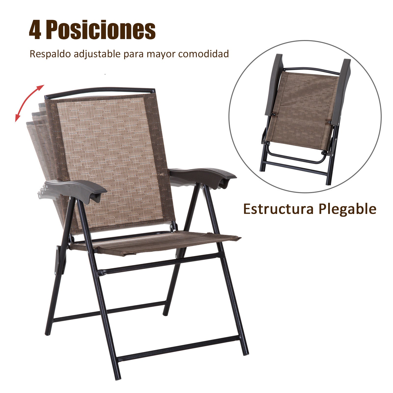 Garden Furniture Set Table and 2 Chairs for Outdoor Patio Terrace Foldable Chair 4-Level Reclining Backrest Texteline Steel Frame Brown