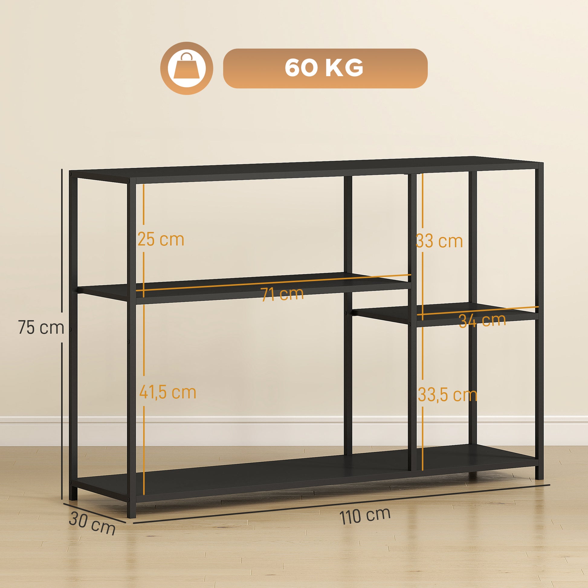 Console Table Hallway Table with 4 Shelves, Side Table with Steel Frame, Metal Shelf for Small Space, Entryway, Hallway, Living Room, 110 x 30 x 75 cm Black