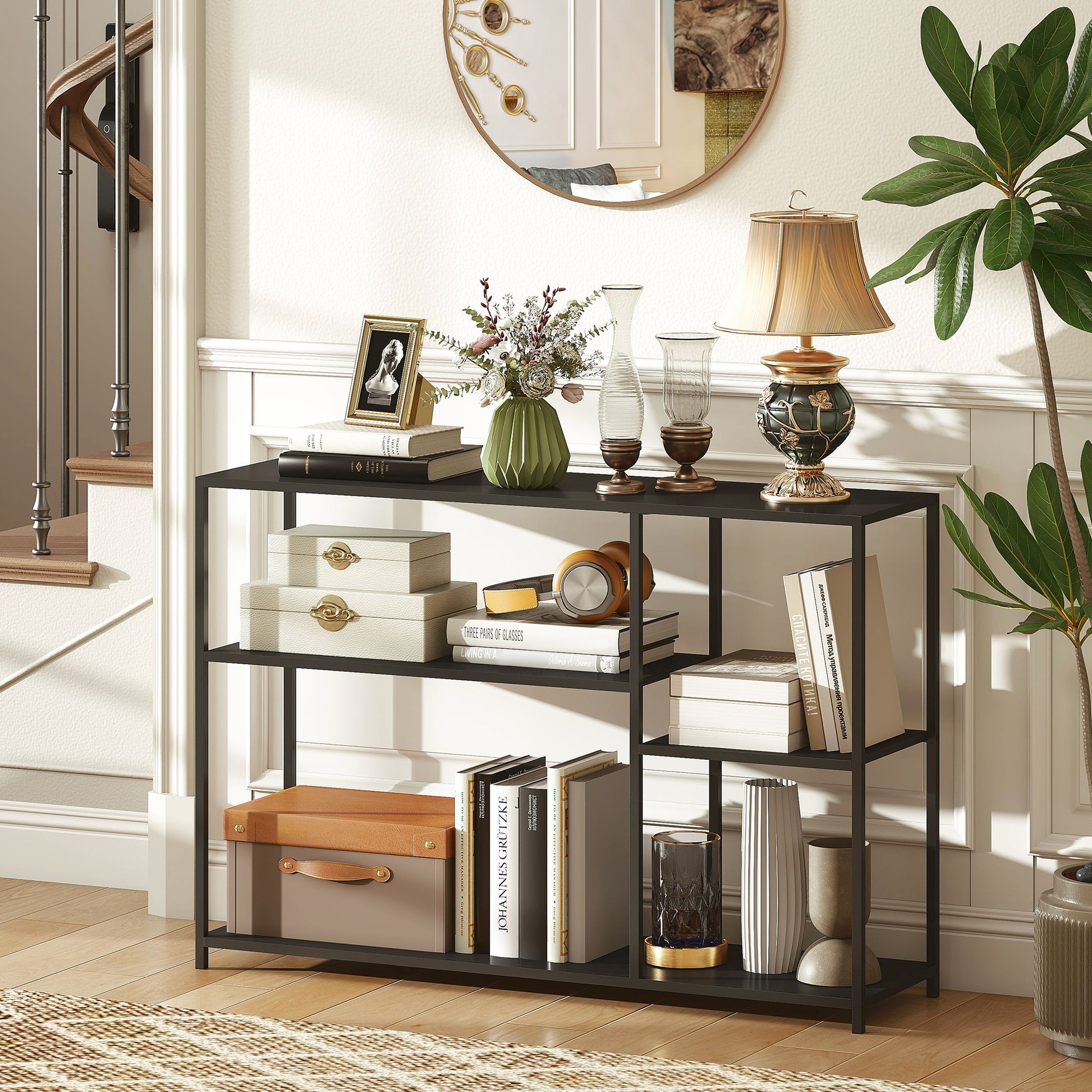 Console Table Hallway Table with 4 Shelves, Side Table with Steel Frame, Metal Shelf for Small Space, Entryway, Hallway, Living Room, 110 x 30 x 75 cm Black