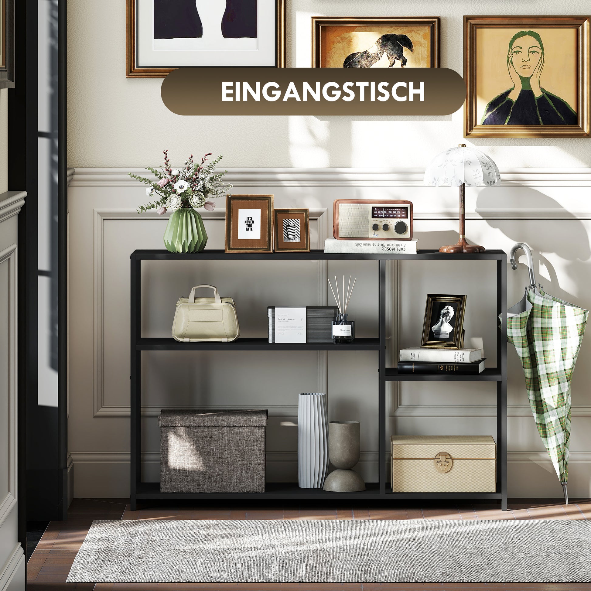 Console Table Hallway Table with 4 Shelves, Side Table with Steel Frame, Metal Shelf for Small Space, Entryway, Hallway, Living Room, 110 x 30 x 75 cm Black