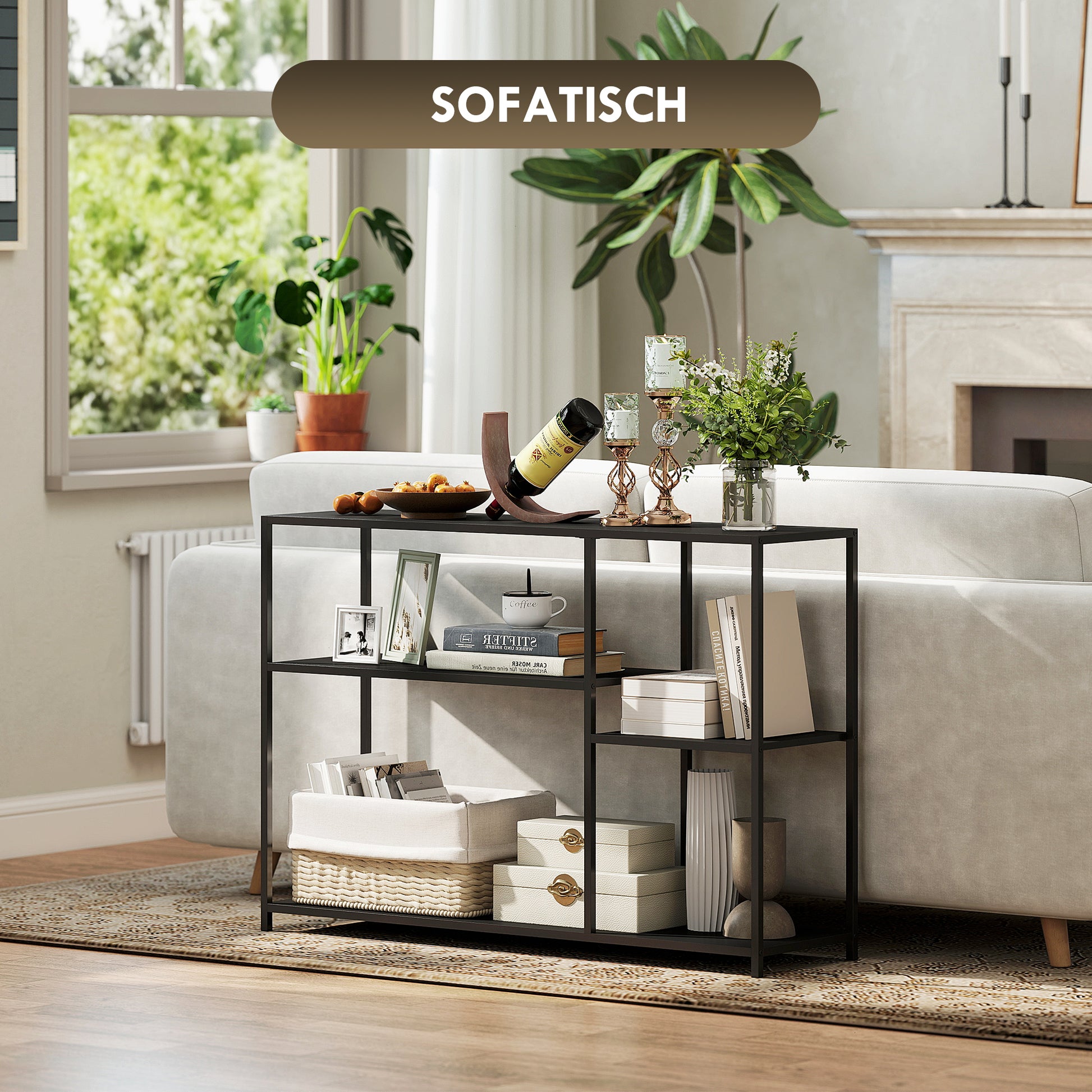Console Table Hallway Table with 4 Shelves, Side Table with Steel Frame, Metal Shelf for Small Space, Entryway, Hallway, Living Room, 110 x 30 x 75 cm Black