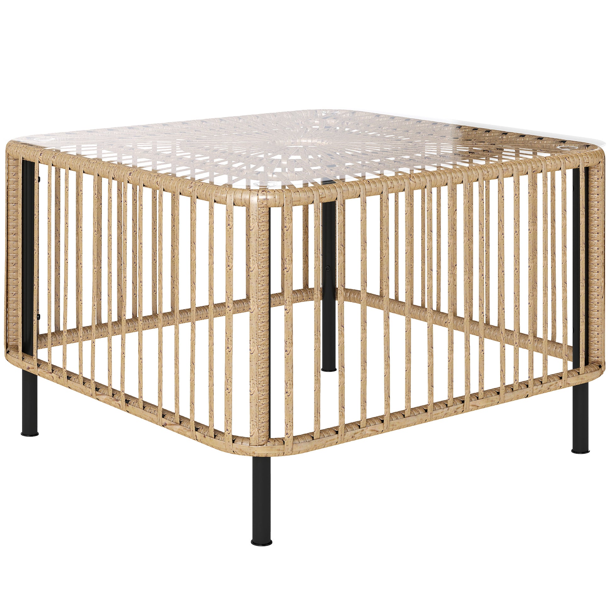 Poly Rattan Garden Table, 65 x 65 x 43 cm, Weatherproof Side Table Square Patio Table with Glass Top Coffee Table Balcony Table Garden Furniture for Garden, Patio, Balcony Natural Wood