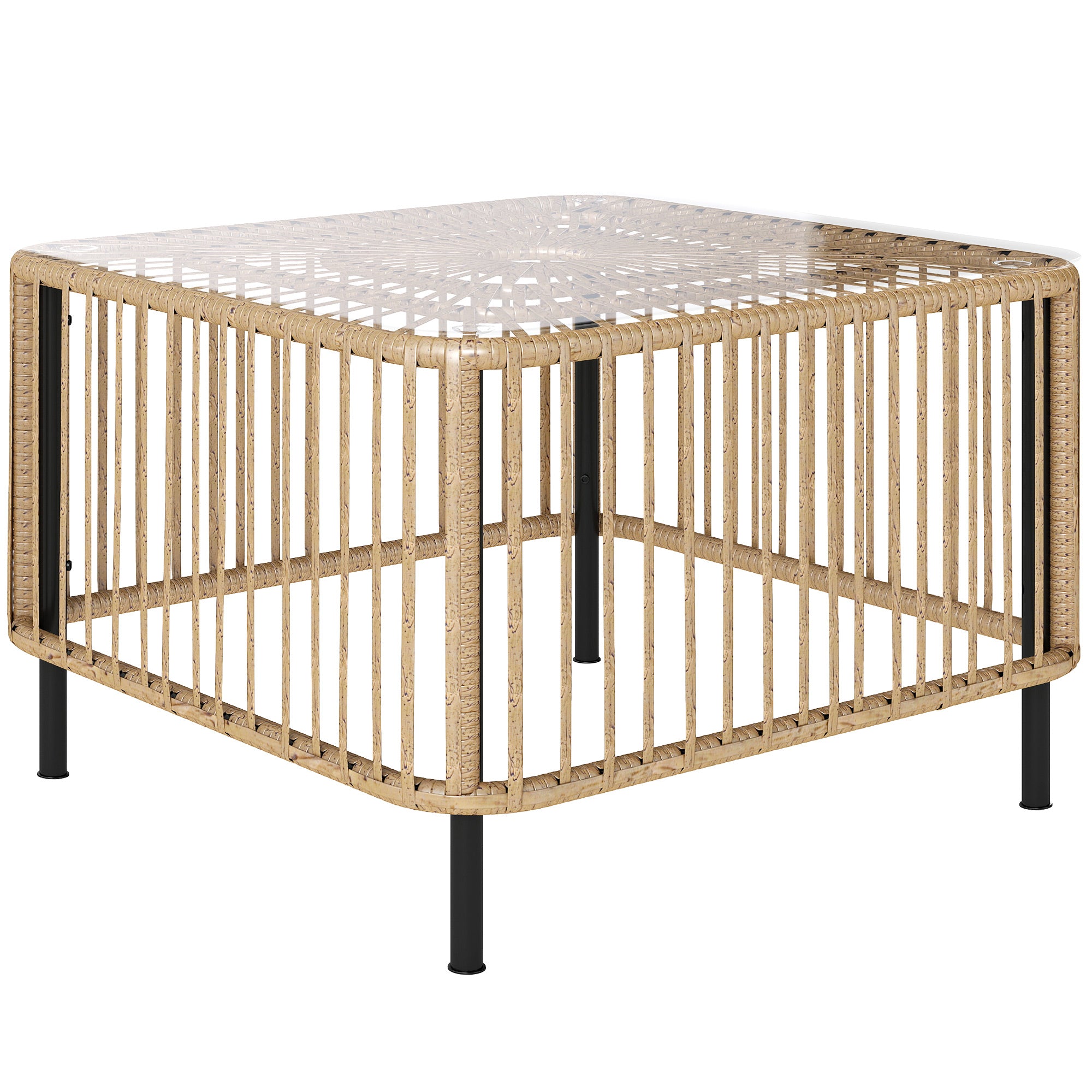Poly Rattan Garden Table, 65 x 65 x 43 cm, Weatherproof Side Table Square Patio Table with Glass Top Coffee Table Balcony Table Garden Furniture for Garden, Patio, Balcony Natural Wood