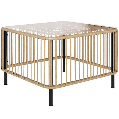 Poly Rattan Garden Table, 65 x 65 x 43 cm, Weatherproof Side Table Square Patio Table with Glass Top Coffee Table Balcony Table Garden Furniture for Garden, Patio, Balcony Natural Wood