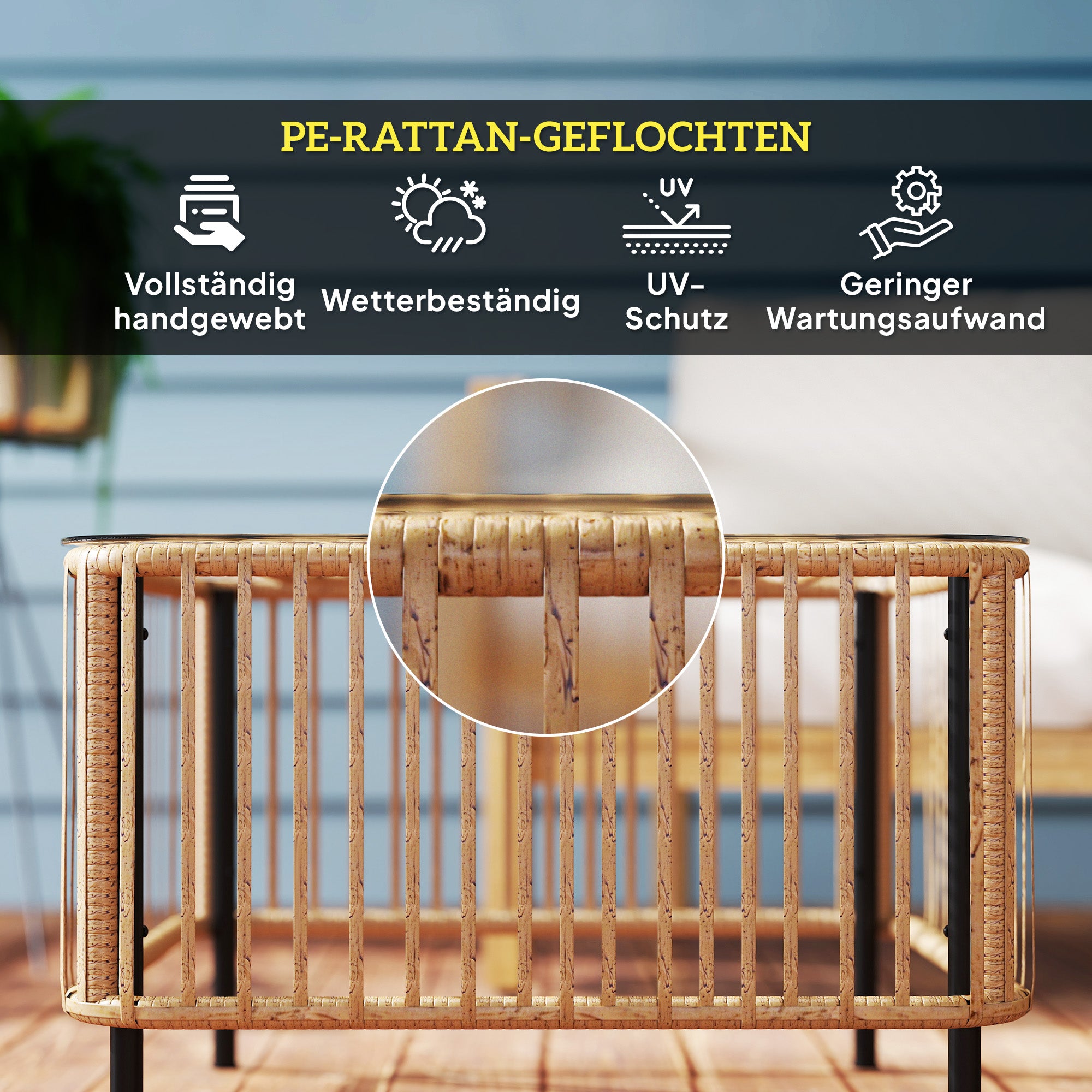 Poly Rattan Garden Table, 65 x 65 x 43 cm, Weatherproof Side Table Square Patio Table with Glass Top Coffee Table Balcony Table Garden Furniture for Garden, Patio, Balcony Natural Wood