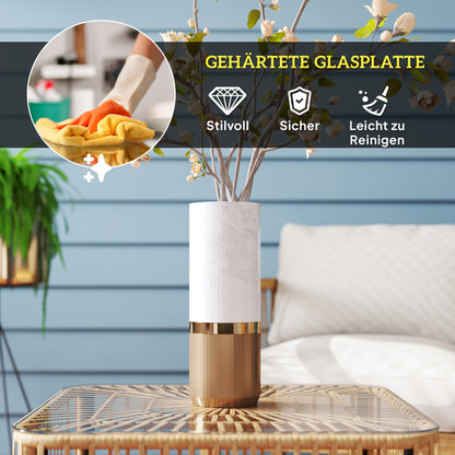 Poly Rattan Garden Table, 65 x 65 x 43 cm, Weatherproof Side Table Square Patio Table with Glass Top Coffee Table Balcony Table Garden Furniture for Garden, Patio, Balcony Natural Wood