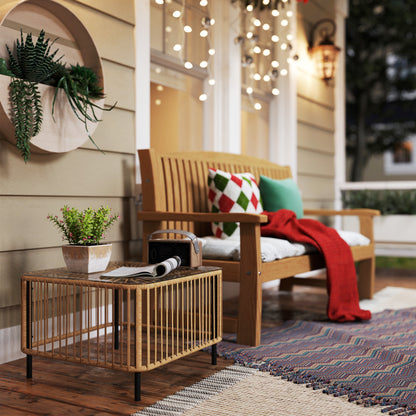 Poly Rattan Garden Table, 65 x 65 x 43 cm, Weatherproof Side Table Square Patio Table with Glass Top Coffee Table Balcony Table Garden Furniture for Garden, Patio, Balcony Natural Wood