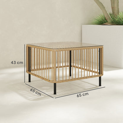 Poly Rattan Garden Table, 65 x 65 x 43 cm, Weatherproof Side Table Square Patio Table with Glass Top Coffee Table Balcony Table Garden Furniture for Garden, Patio, Balcony Natural Wood