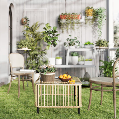 Poly Rattan Garden Table, 65 x 65 x 43 cm, Weatherproof Side Table Square Patio Table with Glass Top Coffee Table Balcony Table Garden Furniture for Garden, Patio, Balcony Natural Wood