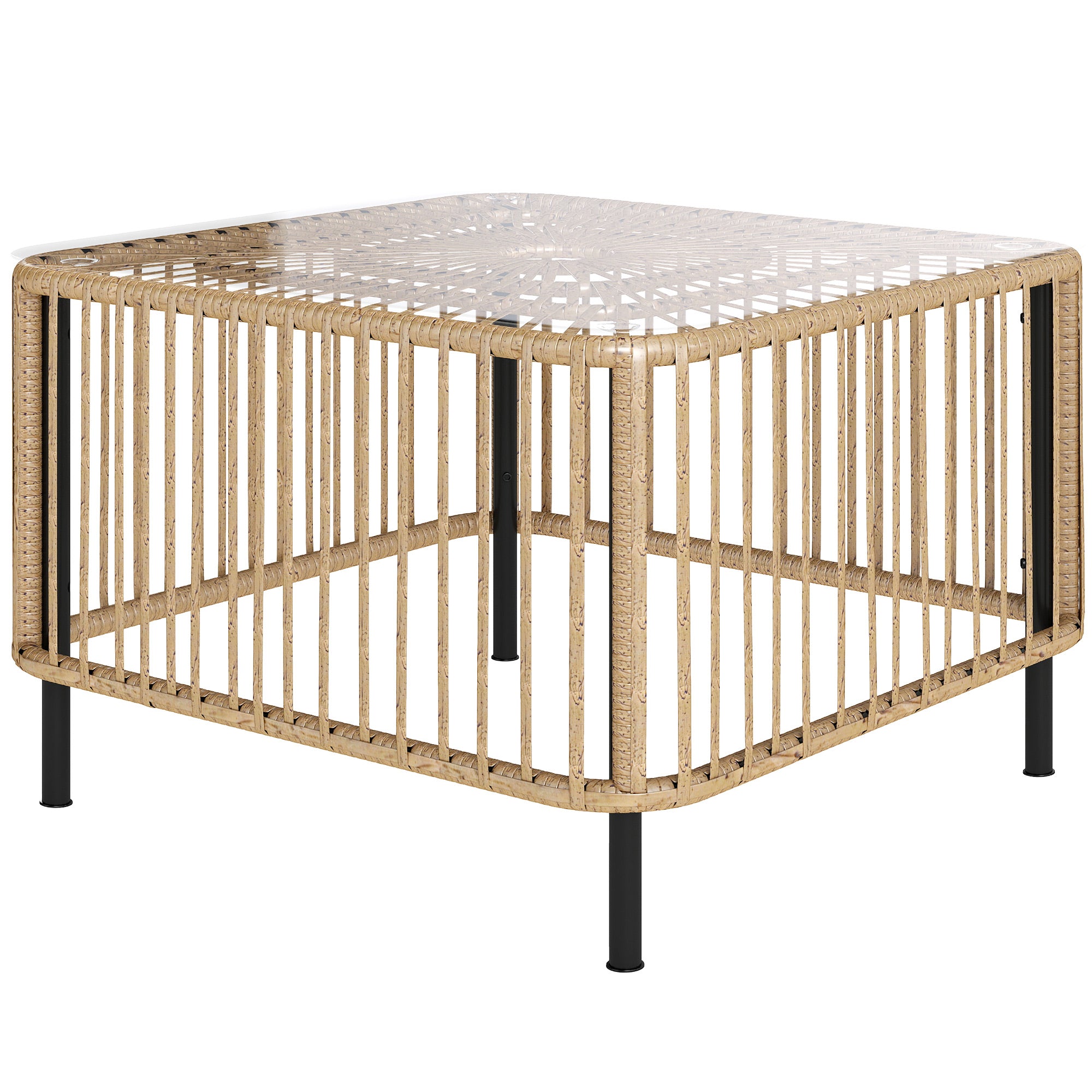 Poly Rattan Garden Table, 65 x 65 x 43 cm, Weatherproof Side Table Square Patio Table with Glass Top Coffee Table Balcony Table Garden Furniture for Garden, Patio, Balcony Natural Wood
