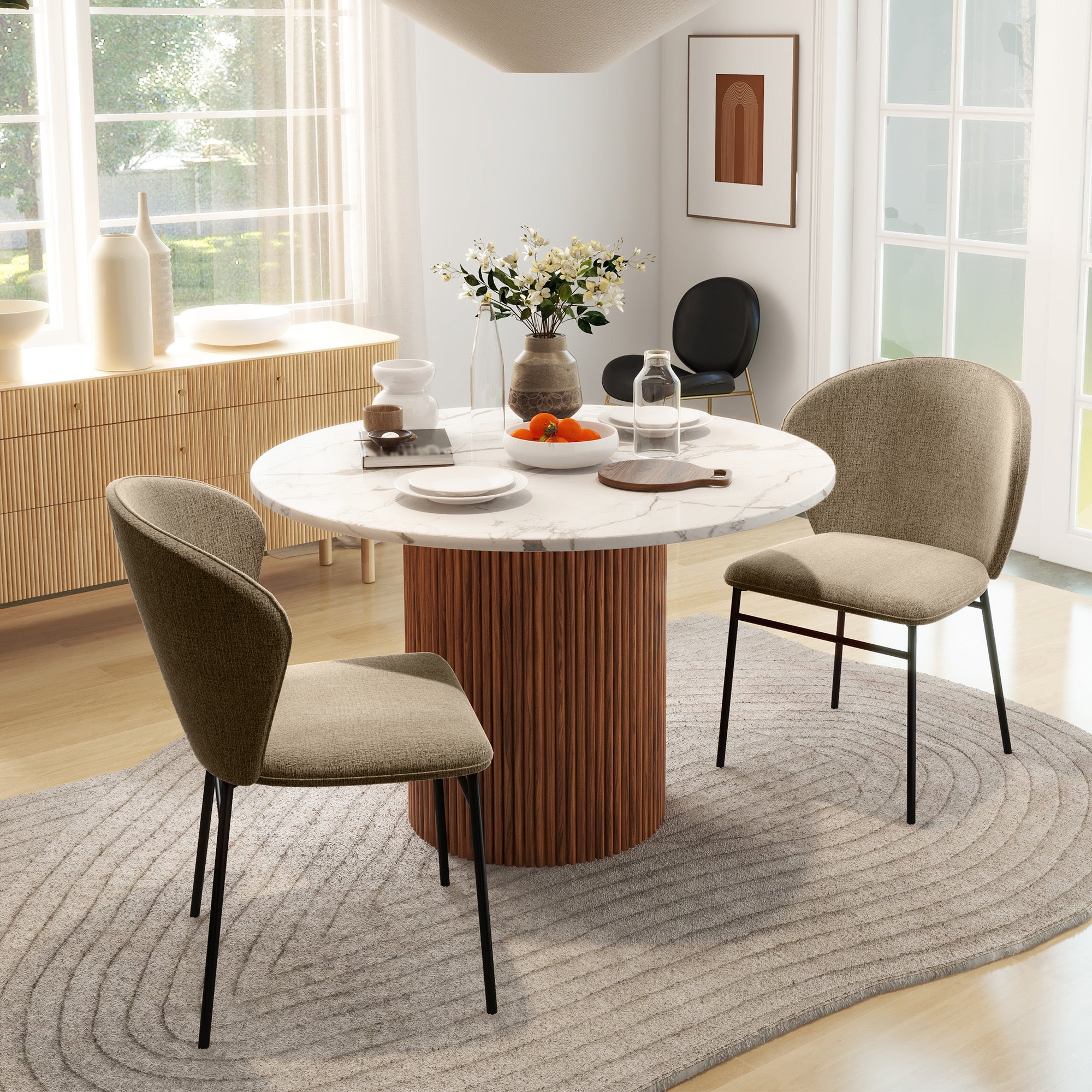 Set of 2 Dining Chairs, Kitchen Chair, Linen-Look Fabric Upholstered Seat, Stable Steel Legs, Office Chair, Modern Design, Light Brown