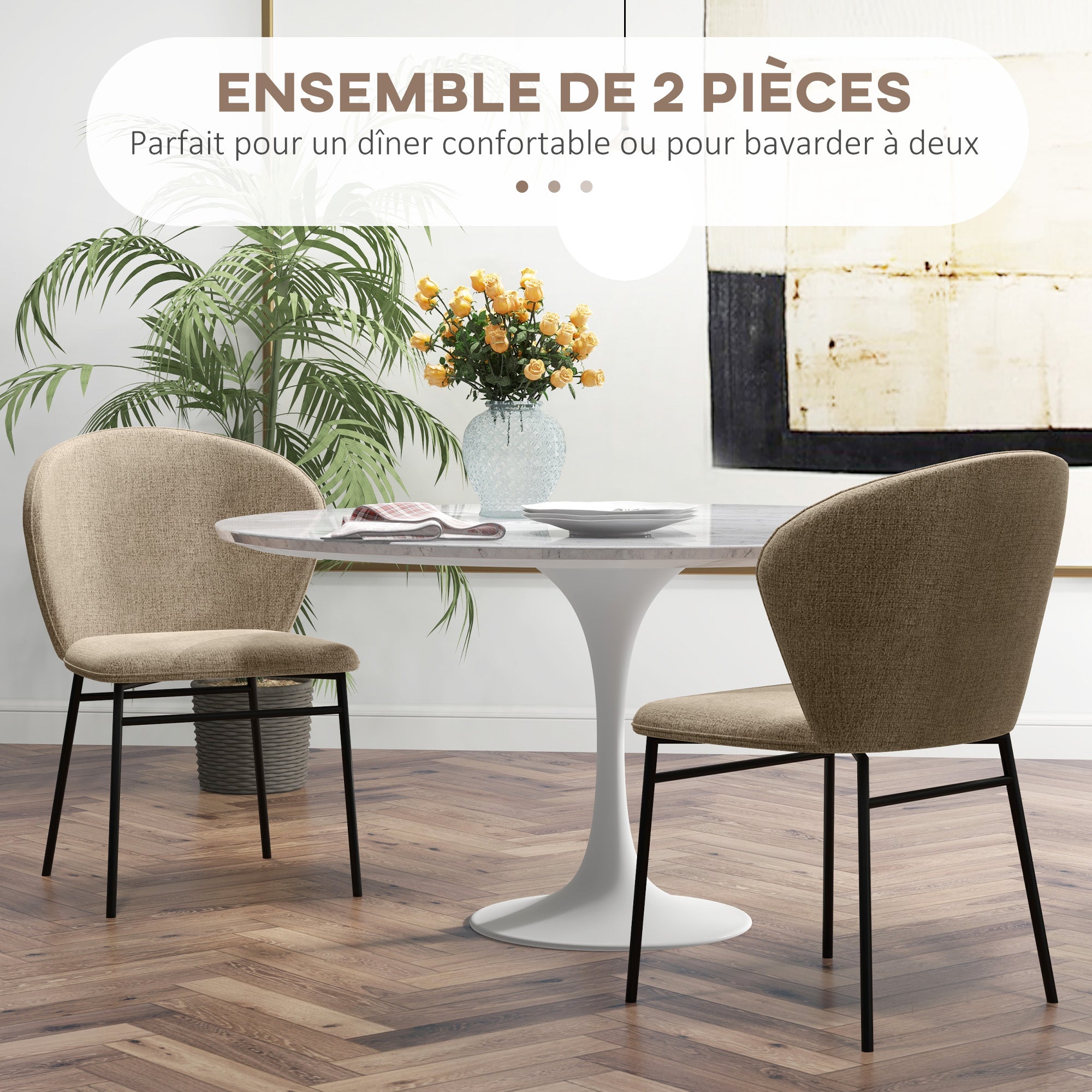Set of 2 Dining Chairs, Kitchen Chair, Linen-Look Fabric Upholstered Seat, Stable Steel Legs, Office Chair, Modern Design, Light Brown