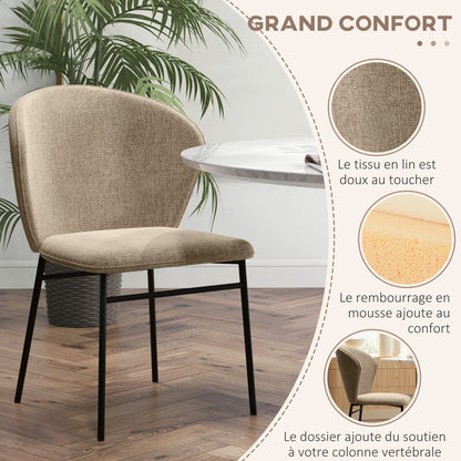 Set of 2 Dining Chairs, Kitchen Chair, Linen-Look Fabric Upholstered Seat, Stable Steel Legs, Office Chair, Modern Design, Light Brown