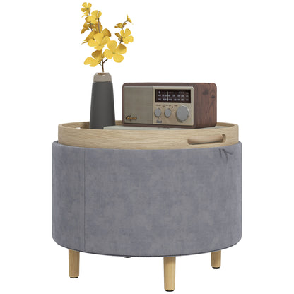 120kg Max Velvet Storage Ottoman with Flip Tray, MDF and Oak Coffee Table with Hidden Storage, 56x56x42 cm, Grey