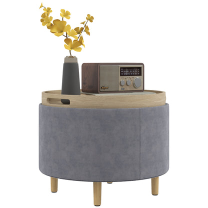 120kg Max Velvet Storage Ottoman with Flip Tray, MDF and Oak Coffee Table with Hidden Storage, 56x56x42 cm, Grey