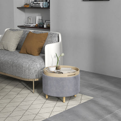 120kg Max Velvet Storage Ottoman with Flip Tray, MDF and Oak Coffee Table with Hidden Storage, 56x56x42 cm, Grey