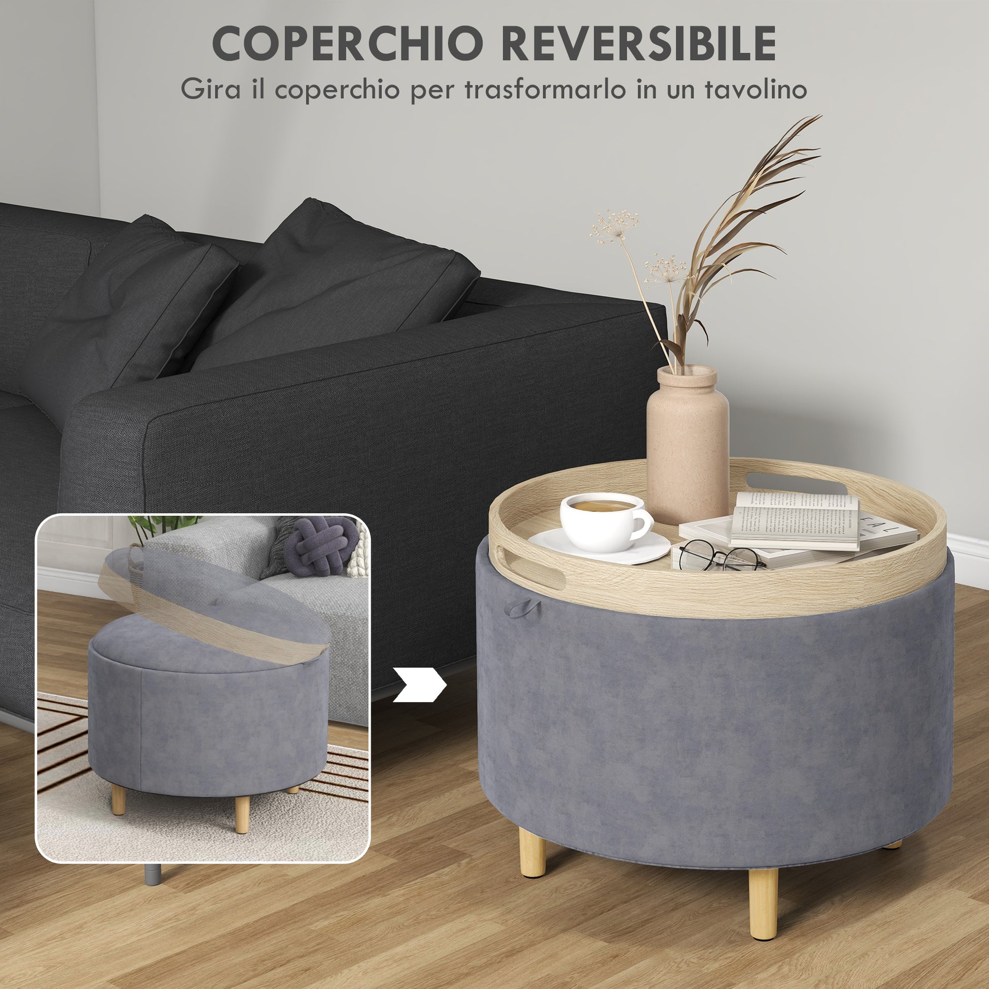 120kg Max Velvet Storage Ottoman with Flip Tray, MDF and Oak Coffee Table with Hidden Storage, 56x56x42 cm, Grey