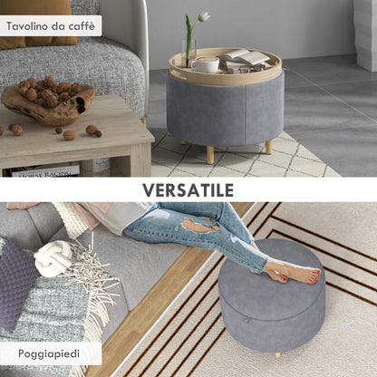 120kg Max Velvet Storage Ottoman with Flip Tray, MDF and Oak Coffee Table with Hidden Storage, 56x56x42 cm, Grey