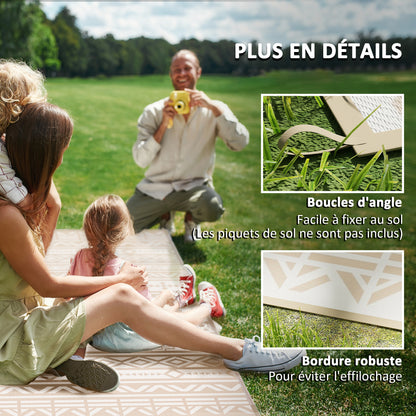 Reversible Outdoor Rug 3.7 x 2.7 m, weather-resistant polypropylene ground mat with geometric wall motif, includes carrying bag, outdoor terrace rug, khaki and light beige