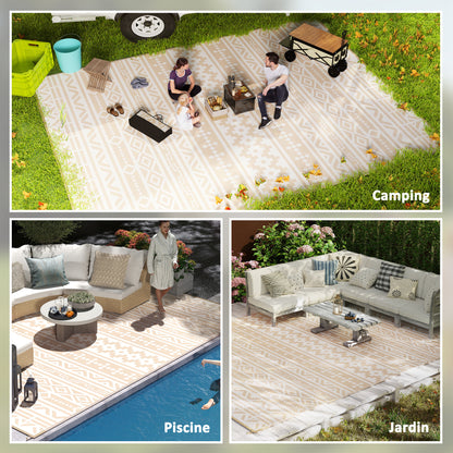 Reversible Outdoor Rug 3.7 x 2.7 m, weather-resistant polypropylene ground mat with geometric wall motif, includes carrying bag, outdoor terrace rug, khaki and light beige