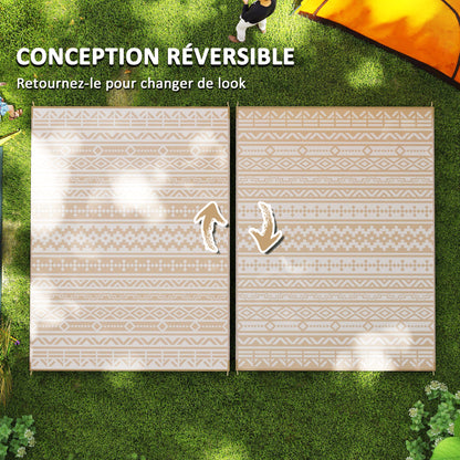 Reversible Outdoor Rug 3.7 x 2.7 m, weather-resistant polypropylene ground mat with geometric wall motif, includes carrying bag, outdoor terrace rug, khaki and light beige