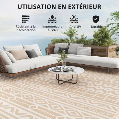 Reversible Outdoor Rug 3.7 x 2.7 m, weather-resistant polypropylene ground mat with geometric wall motif, includes carrying bag, outdoor terrace rug, khaki and light beige