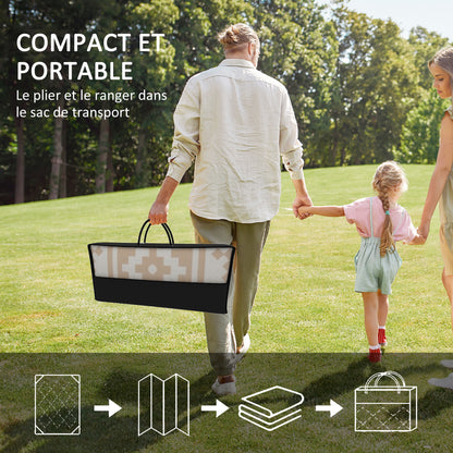 Reversible Outdoor Rug 3.7 x 2.7 m, weather-resistant polypropylene ground mat with geometric wall motif, includes carrying bag, outdoor terrace rug, khaki and light beige