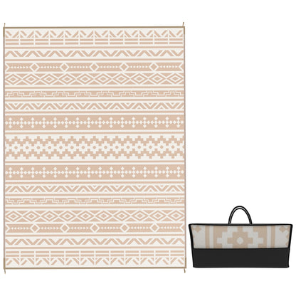 Reversible Outdoor Rug 3.7 x 2.7 m, weather-resistant polypropylene ground mat with geometric wall motif, includes carrying bag, outdoor terrace rug, khaki and light beige