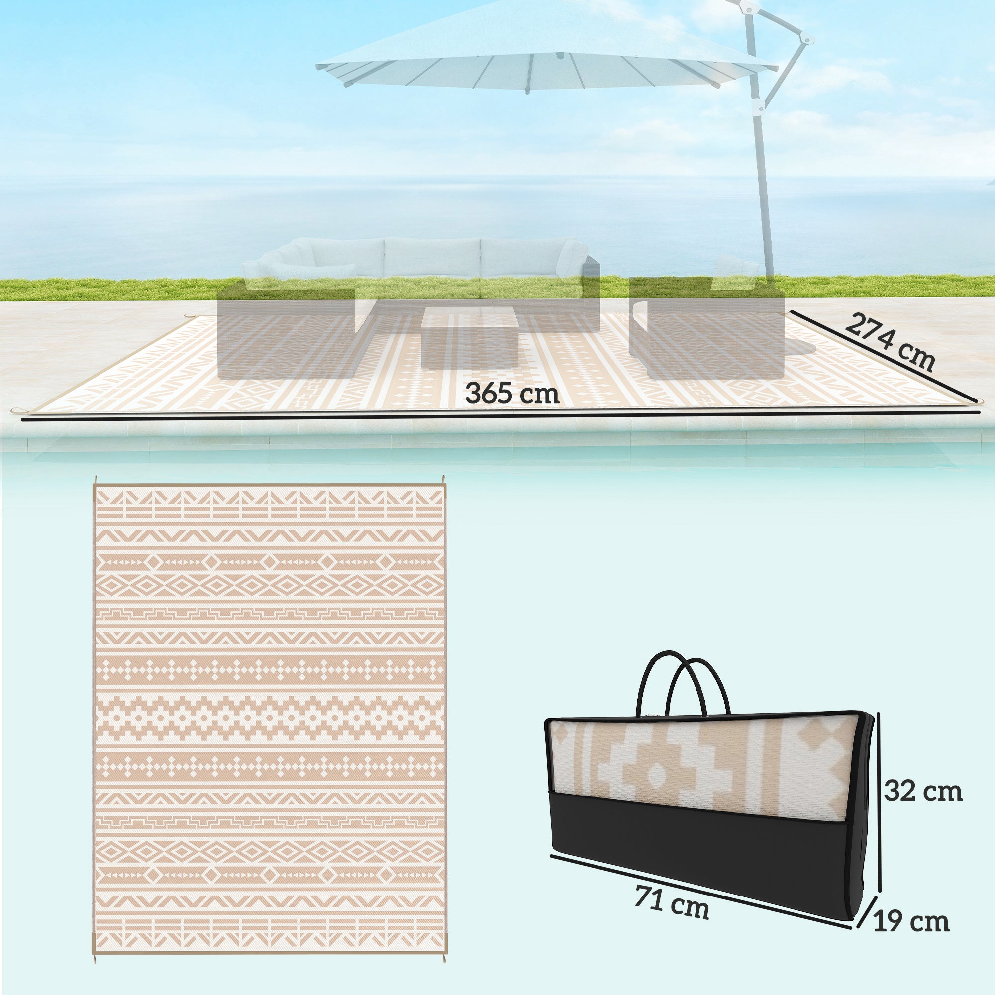 Reversible Outdoor Rug 3.7 x 2.7 m, weather-resistant polypropylene ground mat with geometric wall motif, includes carrying bag, outdoor terrace rug, khaki and light beige