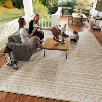 Reversible Outdoor Rug 3.7 x 2.7 m, weather-resistant polypropylene ground mat with geometric wall motif, includes carrying bag, outdoor terrace rug, khaki and light beige