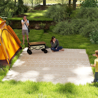 Reversible Outdoor Rug 3.7 x 2.7 m, weather-resistant polypropylene ground mat with geometric wall motif, includes carrying bag, outdoor terrace rug, khaki and light beige