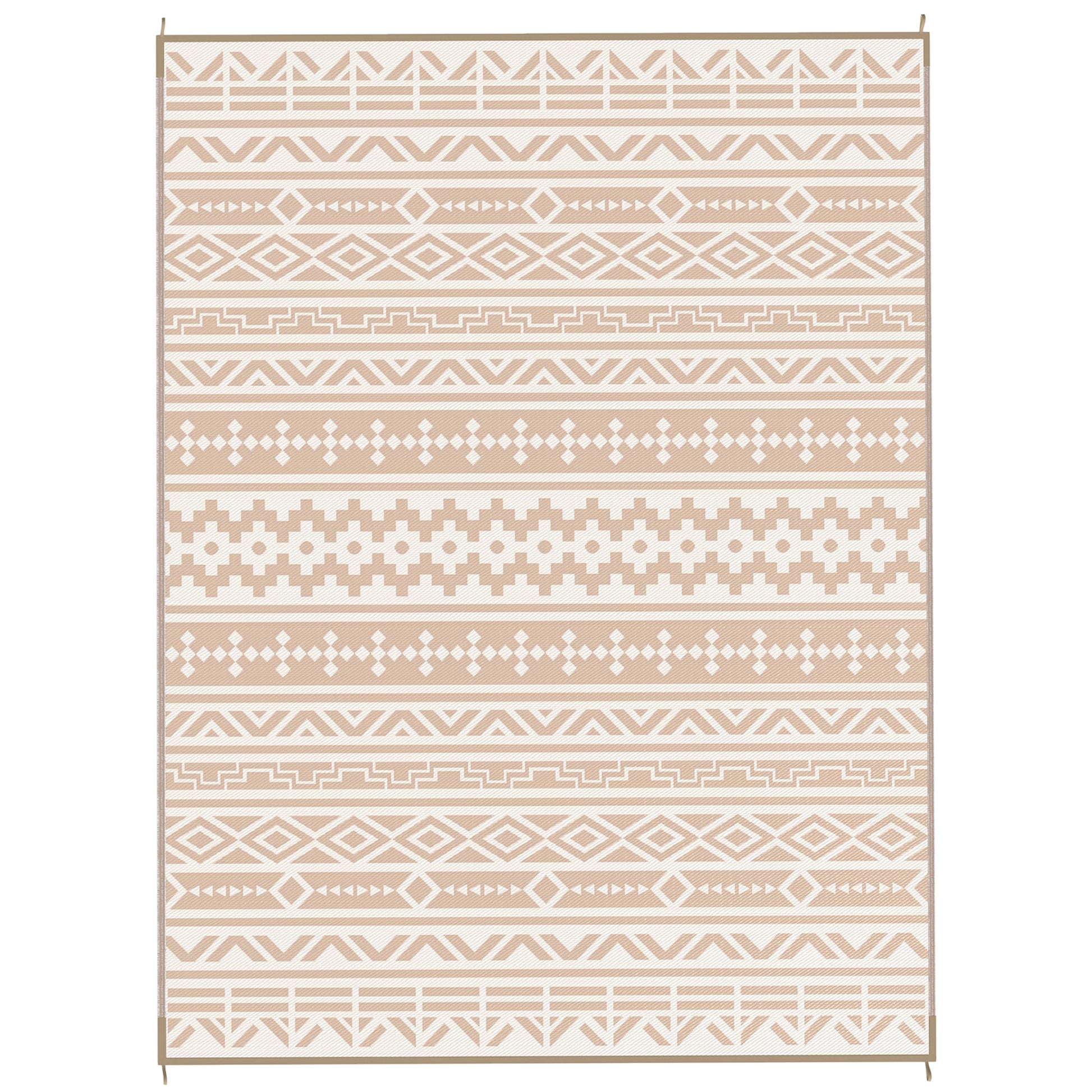 Reversible Outdoor Rug 3.7 x 2.7 m, weather-resistant polypropylene ground mat with geometric wall motif, includes carrying bag, outdoor terrace rug, khaki and light beige