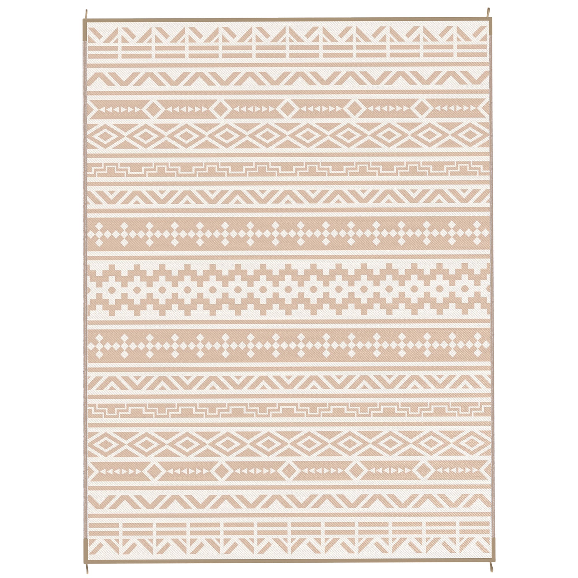 Reversible Outdoor Rug 3.7 x 2.7 m, weather-resistant polypropylene ground mat with geometric wall motif, includes carrying bag, outdoor terrace rug, khaki and light beige