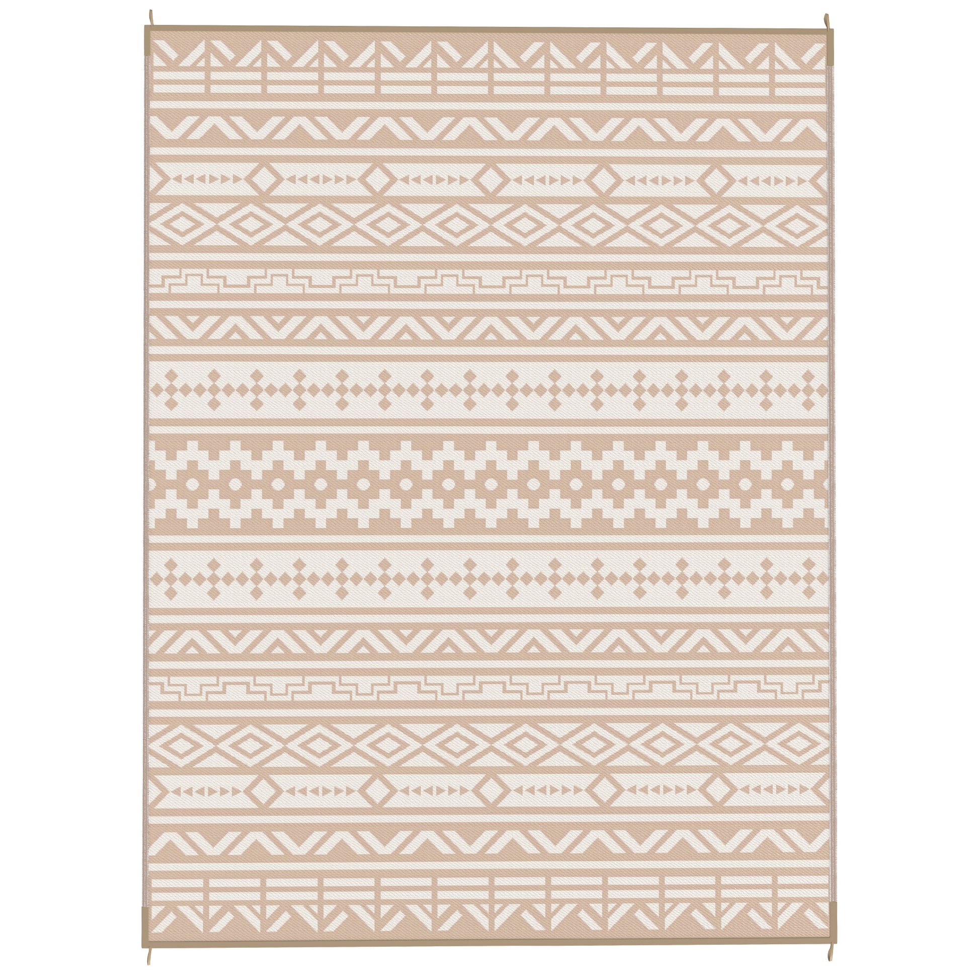 Reversible Outdoor Rug 3.7 x 2.7 m, weather-resistant polypropylene ground mat with geometric wall motif, includes carrying bag, outdoor terrace rug, khaki and light beige