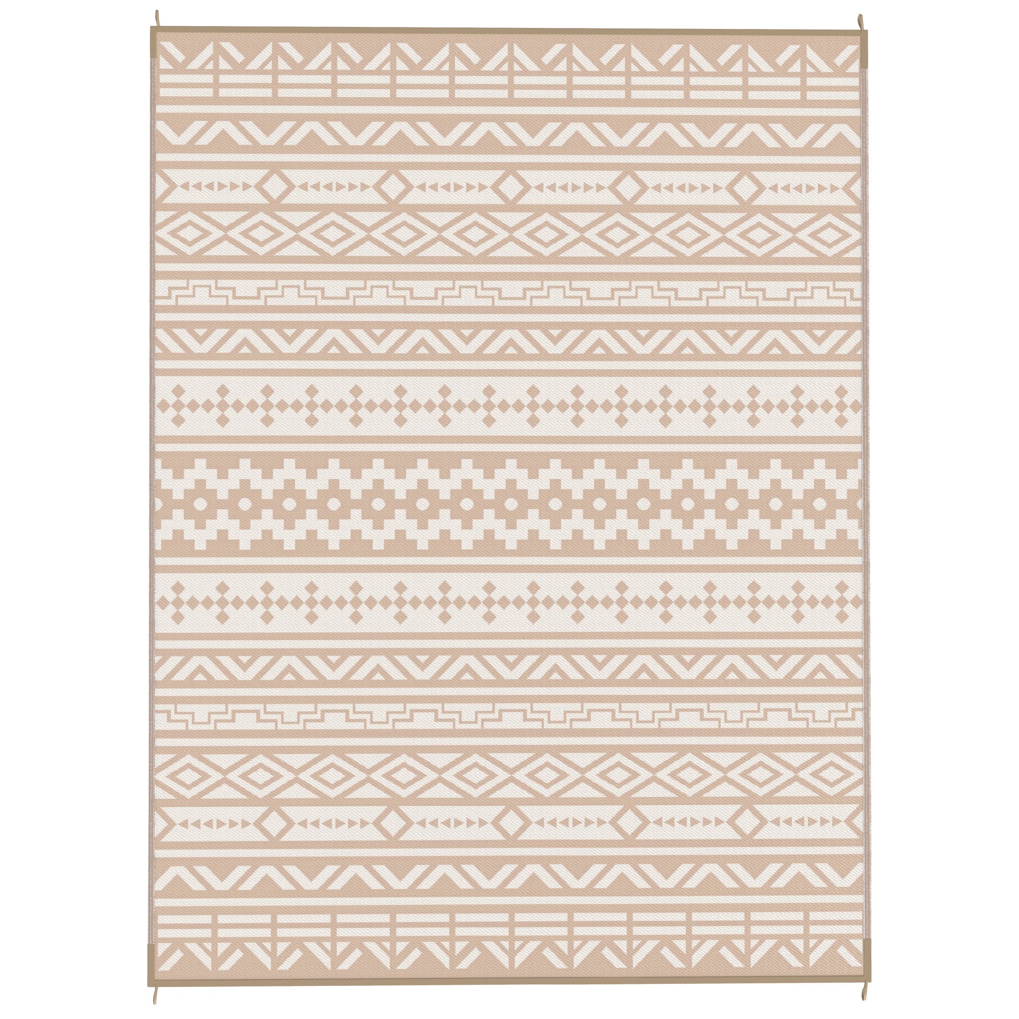 Reversible Outdoor Rug 3.7 x 2.7 m, weather-resistant polypropylene ground mat with geometric wall motif, includes carrying bag, outdoor terrace rug, khaki and light beige