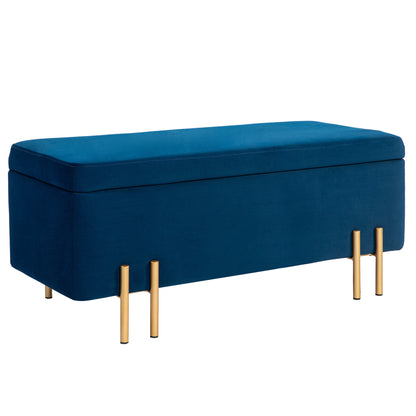 Storage Bench Ottoman with Velvet Finish, Upholstered Bench with Metal Legs, Storage Chest for Living Room Bedroom Hallway 100 x 40 x 42 cm, Blue