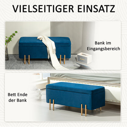 Storage Bench Ottoman with Velvet Finish, Upholstered Bench with Metal Legs, Storage Chest for Living Room Bedroom Hallway 100 x 40 x 42 cm, Blue