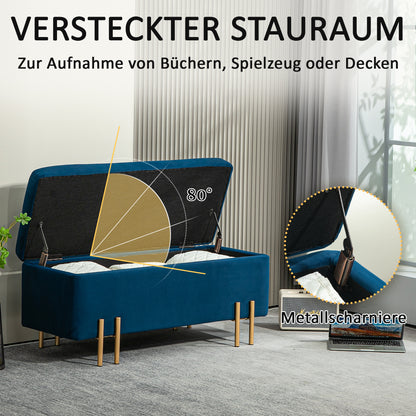 Storage Bench Ottoman with Velvet Finish, Upholstered Bench with Metal Legs, Storage Chest for Living Room Bedroom Hallway 100 x 40 x 42 cm, Blue