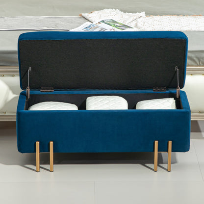 Storage Bench Ottoman with Velvet Finish, Upholstered Bench with Metal Legs, Storage Chest for Living Room Bedroom Hallway 100 x 40 x 42 cm, Blue