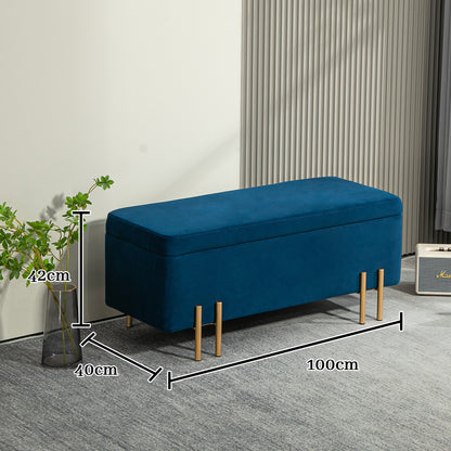 Storage Bench Ottoman with Velvet Finish, Upholstered Bench with Metal Legs, Storage Chest for Living Room Bedroom Hallway 100 x 40 x 42 cm, Blue