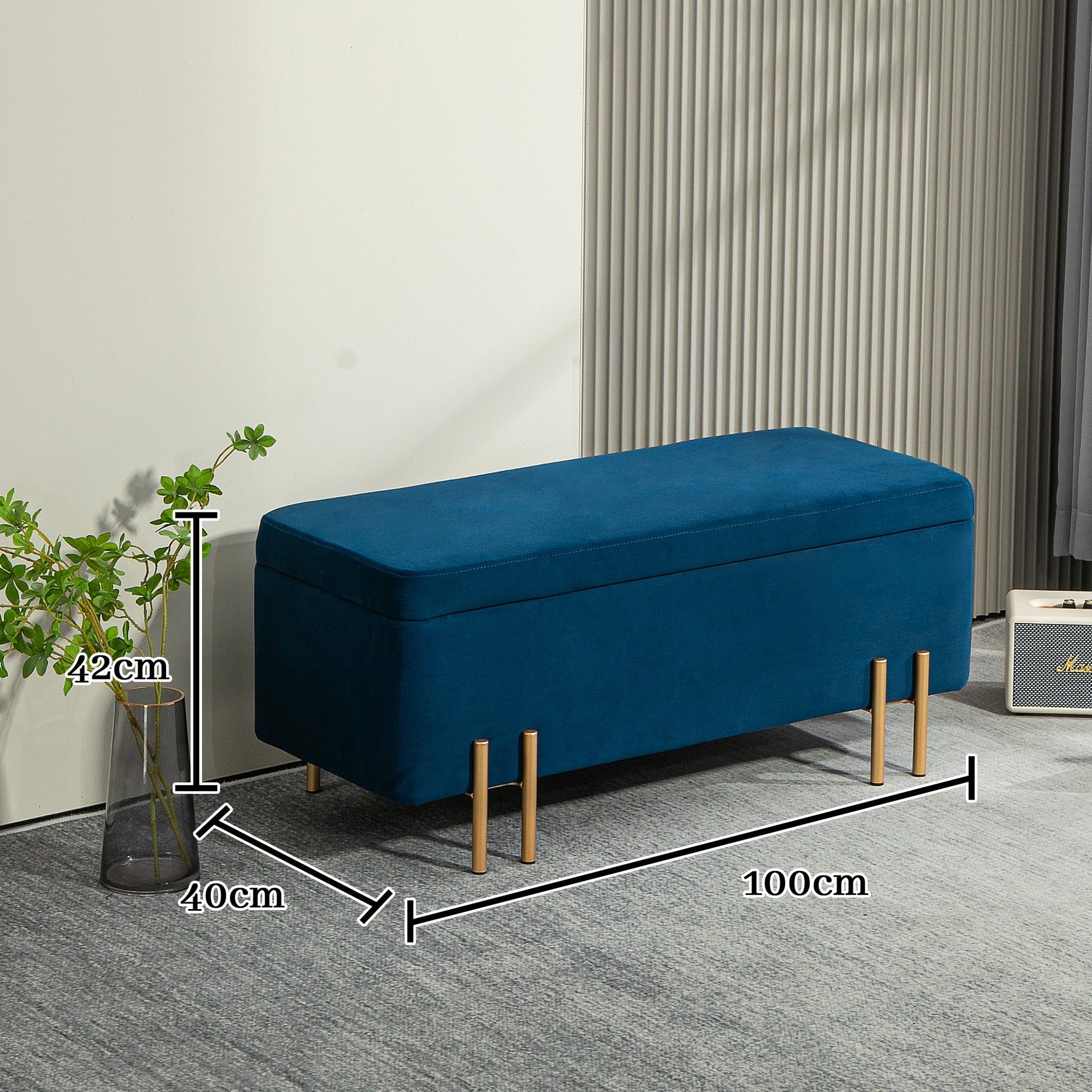 Storage Bench Ottoman with Velvet Finish, Upholstered Bench with Metal Legs, Storage Chest for Living Room Bedroom Hallway 100 x 40 x 42 cm, Blue
