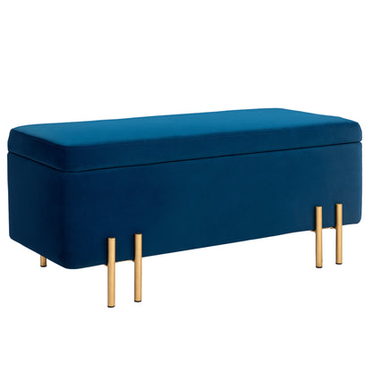 Storage Bench Ottoman with Velvet Finish, Upholstered Bench with Metal Legs, Storage Chest for Living Room Bedroom Hallway 100 x 40 x 42 cm, Blue